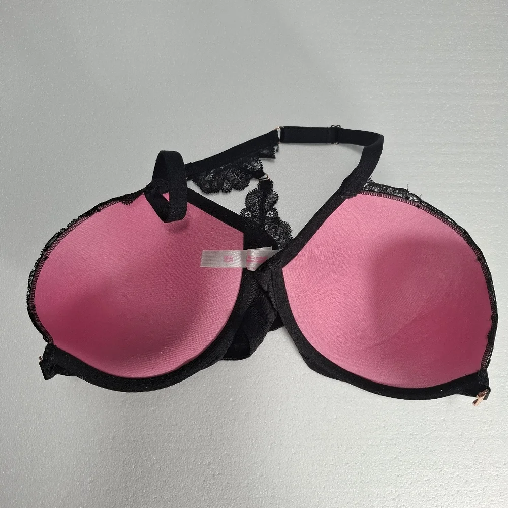 Victoria's Secret PINK Black Lace Racerback Push-Up Bra 36DD Front Clouse
